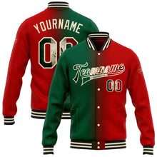 Load image into Gallery viewer, Custom Red Vintage Mexican Flag Kelly Green Cream-Black Bomber Full-Snap Varsity Letterman Gradient Fashion Jacket
