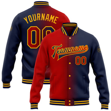 Custom Navy Red-Gold Bomber Full-Snap Varsity Letterman Gradient Fashion Jacket