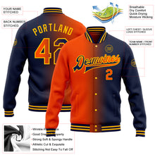 Load image into Gallery viewer, Custom Navy Orange-Gold Bomber Full-Snap Varsity Letterman Gradient Fashion Jacket
