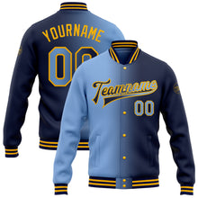 Load image into Gallery viewer, Custom Navy Light Blue-Gold Bomber Full-Snap Varsity Letterman Gradient Fashion Jacket
