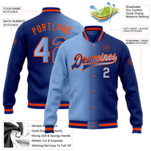 Load image into Gallery viewer, Custom Royal Light Blue-Orange Bomber Full-Snap Varsity Letterman Gradient Fashion Jacket
