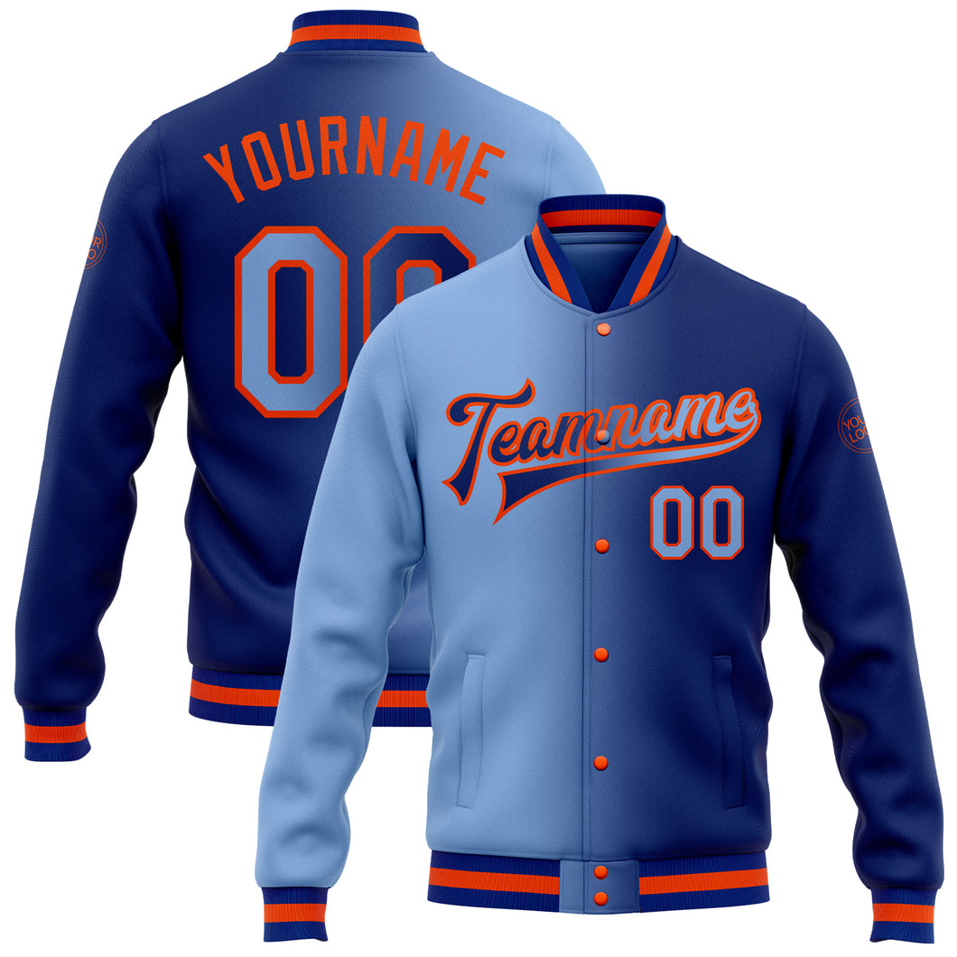 Custom Royal Light Blue-Orange Bomber Full-Snap Varsity Letterman Gradient Fashion Jacket