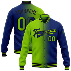 Custom Royal Neon Green-Black Bomber Full-Snap Varsity Letterman Gradient Fashion Jacket