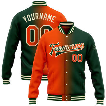 Custom Green Orange-Cream Bomber Full-Snap Varsity Letterman Gradient Fashion Jacket