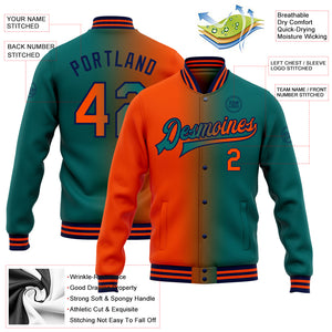 Custom Teal Orange-Navy Bomber Full-Snap Varsity Letterman Gradient Fashion Jacket