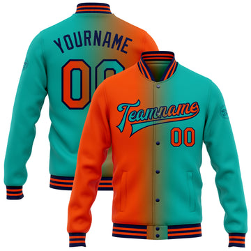 Custom Aqua Orange-Navy Bomber Full-Snap Varsity Letterman Gradient Fashion Jacket
