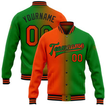 Load image into Gallery viewer, Custom Grass Green Orange-Black Bomber Full-Snap Varsity Letterman Gradient Fashion Jacket
