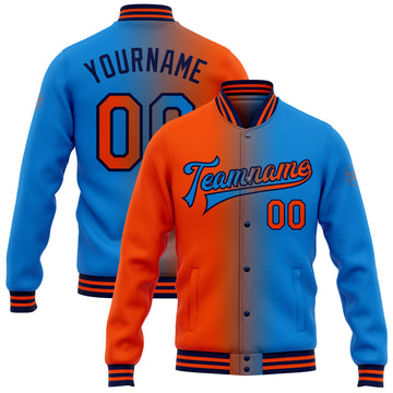Custom Electric Blue Orange-Navy Bomber Full-Snap Varsity Letterman Gradient Fashion Jacket