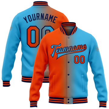 Custom Sky Blue Orange-Navy Bomber Full-Snap Varsity Letterman Gradient Fashion Jacket