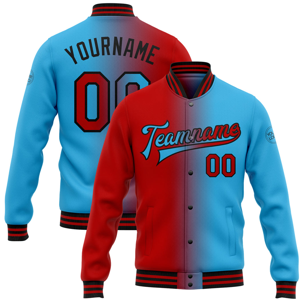 Custom Sky Blue Red-Black Bomber Full-Snap Varsity Letterman Gradient Fashion Jacket