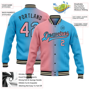 Custom Sky Blue Medium Pink-Black Bomber Full-Snap Varsity Letterman Gradient Fashion Jacket