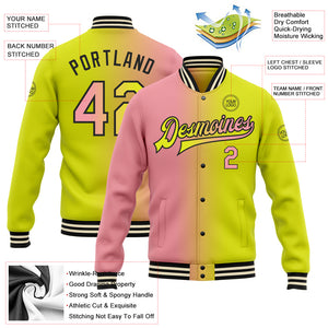 Custom Neon Yellow Medium Pink-Black Bomber Full-Snap Varsity Letterman Gradient Fashion Jacket