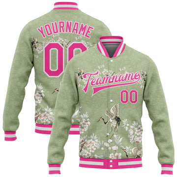 Custom Green Pink-White Flower And Crane 3D Pattern Design Bomber Full-Snap Varsity Letterman Jacket
