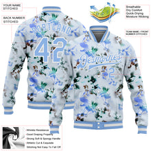 Load image into Gallery viewer, Custom White Light Blue Branches And Leaves 3D Pattern Design Bomber Full-Snap Varsity Letterman Jacket
