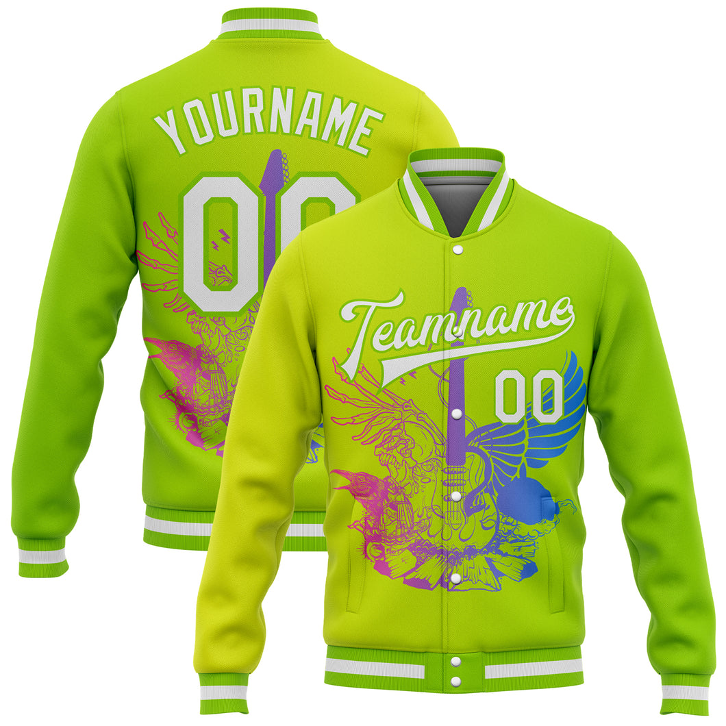 Custom Neon Green White-Neon Yellow Guitar Rock Roll Music Festival 3D Pattern Design Bomber Full-Snap Varsity Letterman Gradient Fashion Jacket