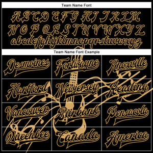 Custom Black Old Gold Guitar Music Festival 3D Pattern Design Bomber Full-Snap Varsity Letterman Jacket