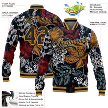 Load image into Gallery viewer, Custom Black Old Gold Flowers And Branches 3D Pattern Design Bomber Full-Snap Varsity Letterman Jacket
