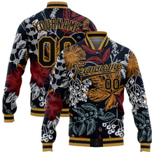 Load image into Gallery viewer, Custom Black Old Gold Flowers And Branches 3D Pattern Design Bomber Full-Snap Varsity Letterman Jacket
