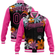 Load image into Gallery viewer, Custom Black Pink Flowers 3D Pattern Design Bomber Full-Snap Varsity Letterman Jacket

