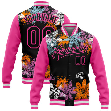 Custom Black Pink Flowers 3D Pattern Design Bomber Full-Snap Varsity Letterman Jacket
