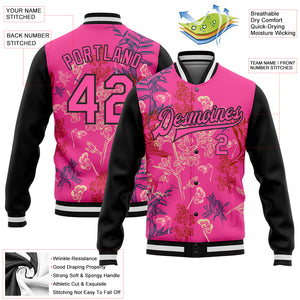 Custom Pink Black Flowers 3D Pattern Design Bomber Full-Snap Varsity Letterman Jacket