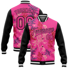 Load image into Gallery viewer, Custom Pink Black Flowers 3D Pattern Design Bomber Full-Snap Varsity Letterman Jacket
