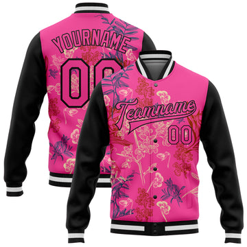 Custom Pink Black Flowers 3D Pattern Design Bomber Full-Snap Varsity Letterman Jacket