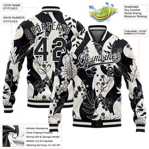 Custom Black White Floral Wave 3D Pattern Design Bomber Full-Snap Varsity Letterman Jacket