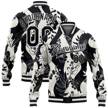 Load image into Gallery viewer, Custom Black White Floral Wave 3D Pattern Design Bomber Full-Snap Varsity Letterman Jacket
