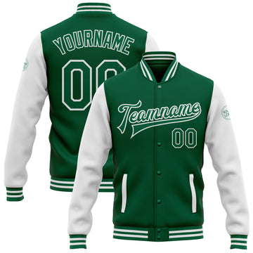 Custom Kelly Green White Bomber Full-Snap Varsity Letterman Two Tone Jacket