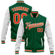 Load image into Gallery viewer, Custom Kelly Green Orange-White Bomber Full-Snap Varsity Letterman Two Tone Jacket
