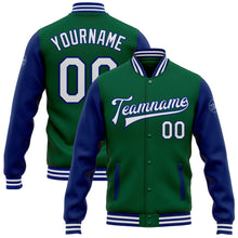 Load image into Gallery viewer, Custom Kelly Green White-Royal Bomber Full-Snap Varsity Letterman Two Tone Jacket
