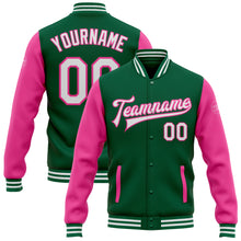 Load image into Gallery viewer, Custom Kelly Green White-Pink Bomber Full-Snap Varsity Letterman Two Tone Jacket
