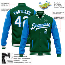 Load image into Gallery viewer, Custom Kelly Green White-Electric Blue Bomber Full-Snap Varsity Letterman Two Tone Jacket
