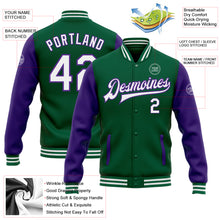 Load image into Gallery viewer, Custom Kelly Green White-Purple Bomber Full-Snap Varsity Letterman Two Tone Jacket
