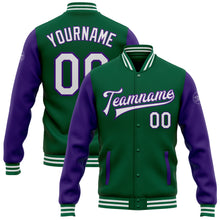 Load image into Gallery viewer, Custom Kelly Green White-Purple Bomber Full-Snap Varsity Letterman Two Tone Jacket
