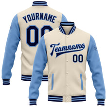 Load image into Gallery viewer, Custom Cream Navy-Light Blue Bomber Full-Snap Varsity Letterman Two Tone Jacket
