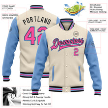 Load image into Gallery viewer, Custom Cream Pink Black-Light Blue Bomber Full-Snap Varsity Letterman Two Tone Jacket
