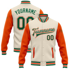 Load image into Gallery viewer, Custom Cream Kelly Green-Orange Bomber Full-Snap Varsity Letterman Two Tone Jacket
