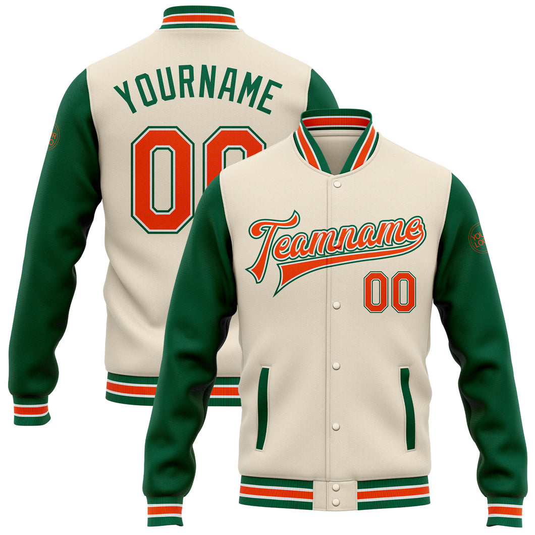 Custom Cream Orange-Kelly Green Bomber Full-Snap Varsity Letterman Two Tone Jacket