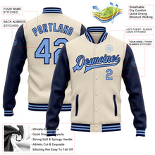 Load image into Gallery viewer, Custom Cream Light Blue-Navy Bomber Full-Snap Varsity Letterman Two Tone Jacket
