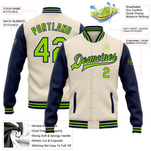 Load image into Gallery viewer, Custom Cream Neon Green-Navy Bomber Full-Snap Varsity Letterman Two Tone Jacket
