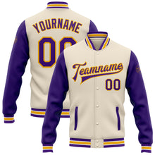 Load image into Gallery viewer, Custom Cream Purple-Gold Bomber Full-Snap Varsity Letterman Two Tone Jacket
