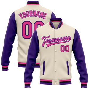 Custom Cream Pink Purple-Black Bomber Full-Snap Varsity Letterman Two Tone Jacket