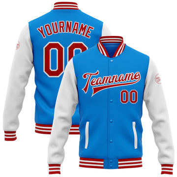 Custom Electric Blue Red-White Bomber Full-Snap Varsity Letterman Two Tone Jacket