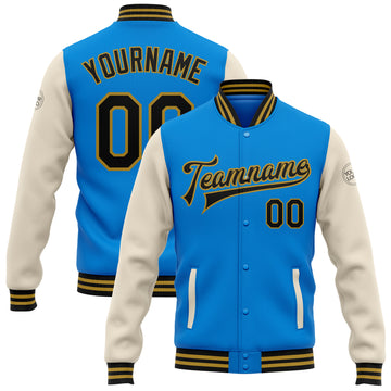 Custom Electric Blue Black Cream-Old Gold Bomber Full-Snap Varsity Letterman Two Tone Jacket