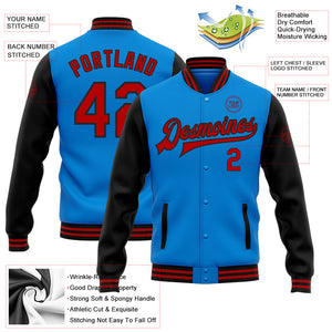 Custom Electric Blue Red-Black Bomber Full-Snap Varsity Letterman Two Tone Jacket