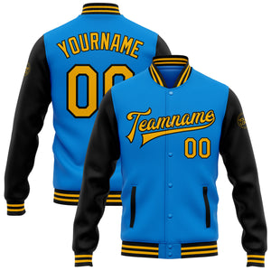 Custom Electric Blue Gold-Black Bomber Full-Snap Varsity Letterman Two Tone Jacket