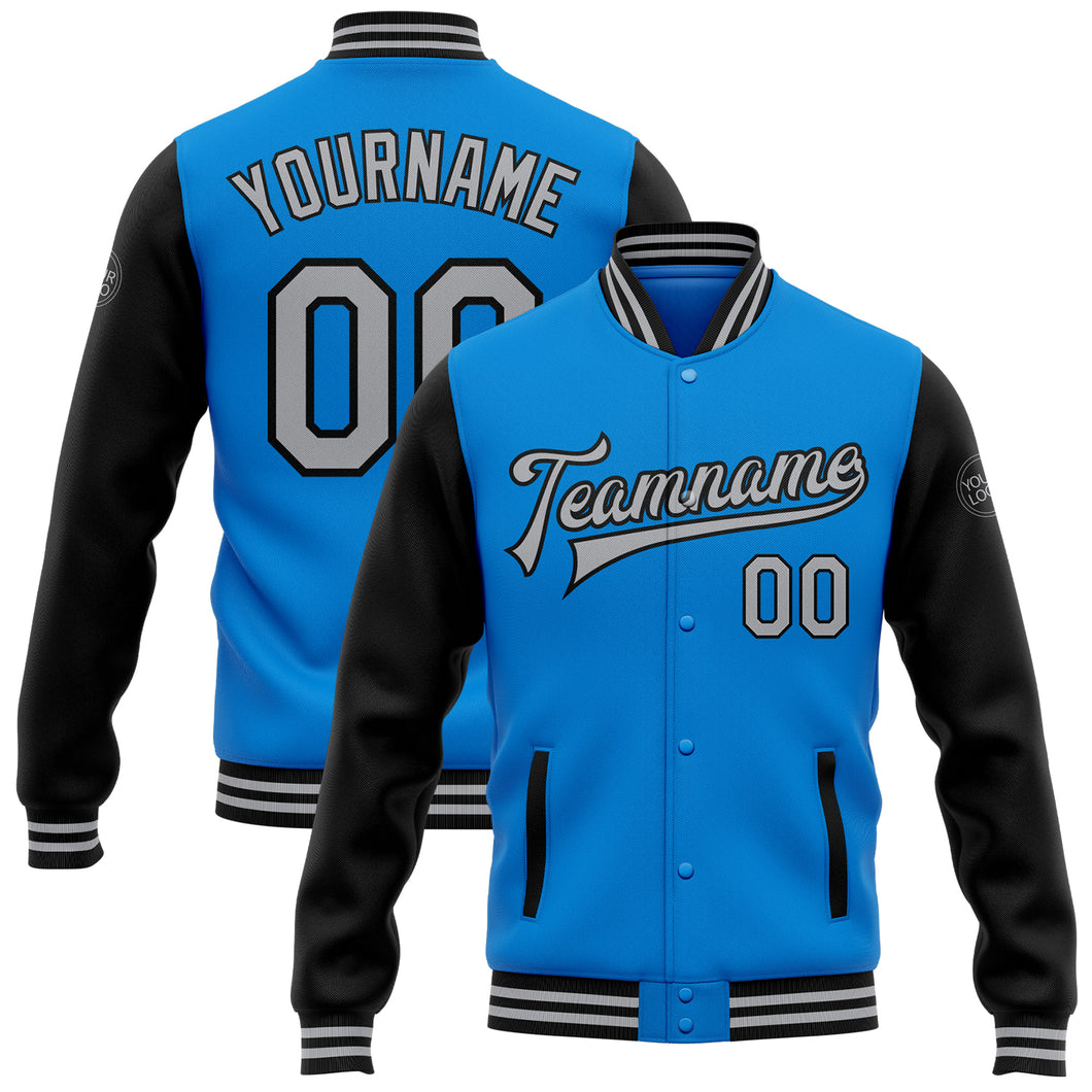 Custom Electric Blue Gray-Black Bomber Full-Snap Varsity Letterman Two Tone Jacket