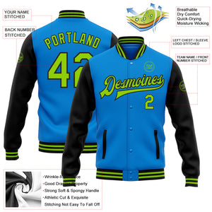 Custom Electric Blue Neon Green-Black Bomber Full-Snap Varsity Letterman Two Tone Jacket